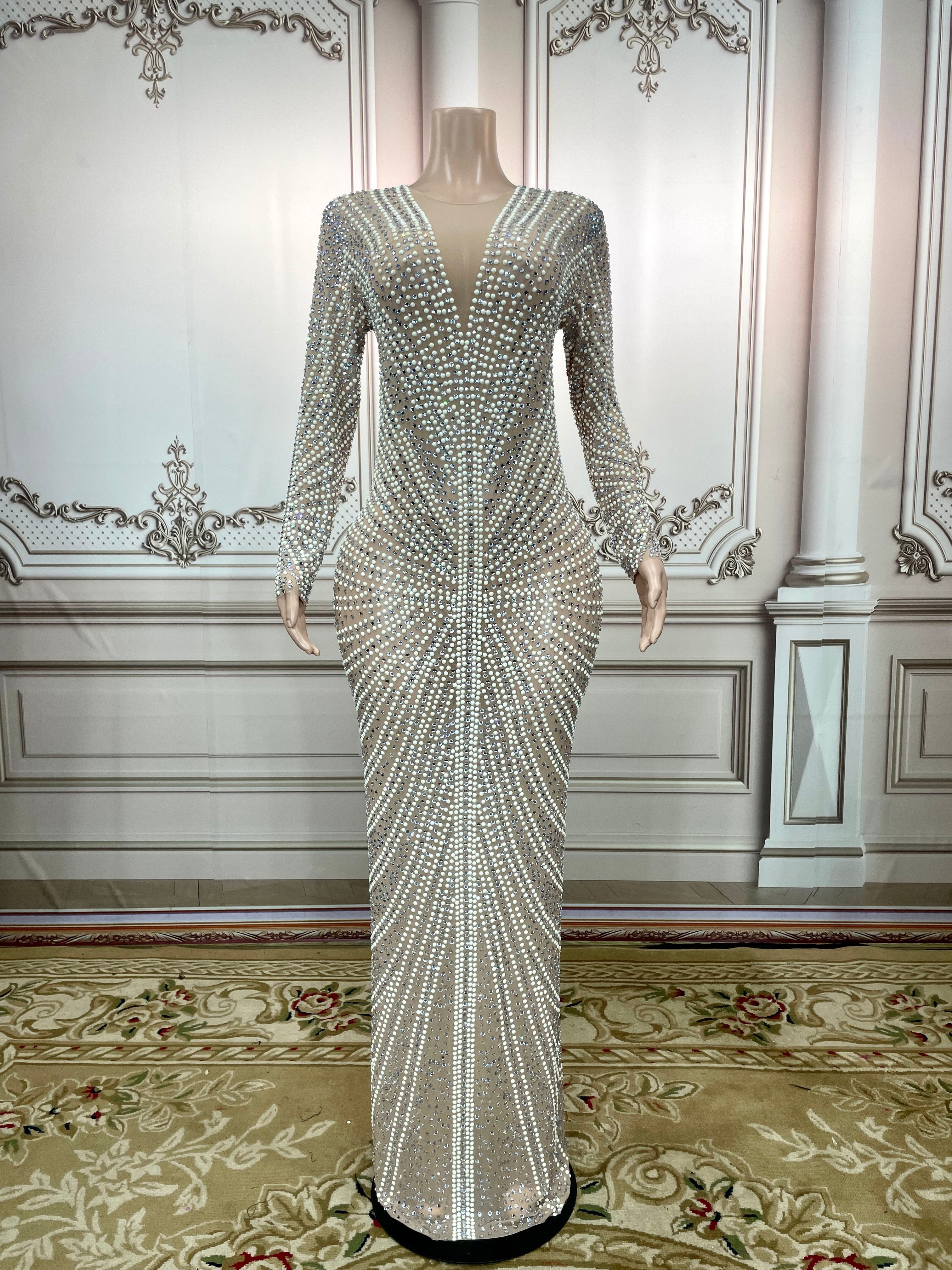 Hoobd Gray White Full Rhinestones Evening Long Sleeves Dress Birthday Celebrate Stage Wear Performance Dancer Singer Show plus size