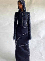 Long Sleeve Hooded Dress Maxi Women Vintage Ruffles Elegant Dresses Khaki Split Reverse Side