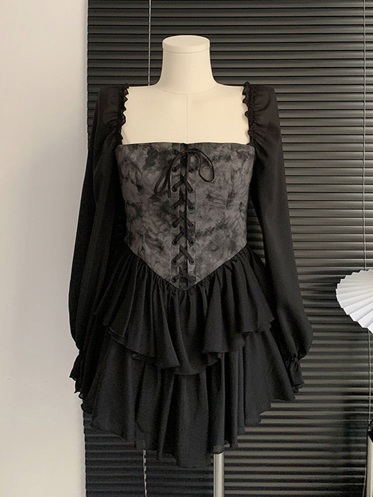 Hoobd Early Autumn Dress Retro Gothic Women White Black Bandage Mini Dress Sexy Off Shoulder Puff Sleeve Korean Vestidos