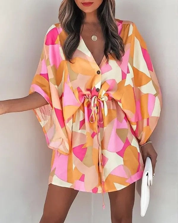 2023 Summer Boho Dresses Women Casual Flora Print Batwing Sleeve Lace-Up Dress Sexy V Neck Loose Ladies Beach Mini Dress Vestido