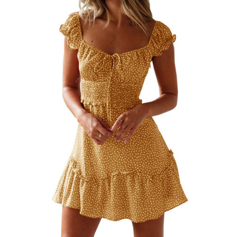 Hoobd Dresses Boho Floral Ruffle Short Mini Dress Summer Knot Sexy V-Neck Party Holiday Dress Femme vestido de mujer Women Dress