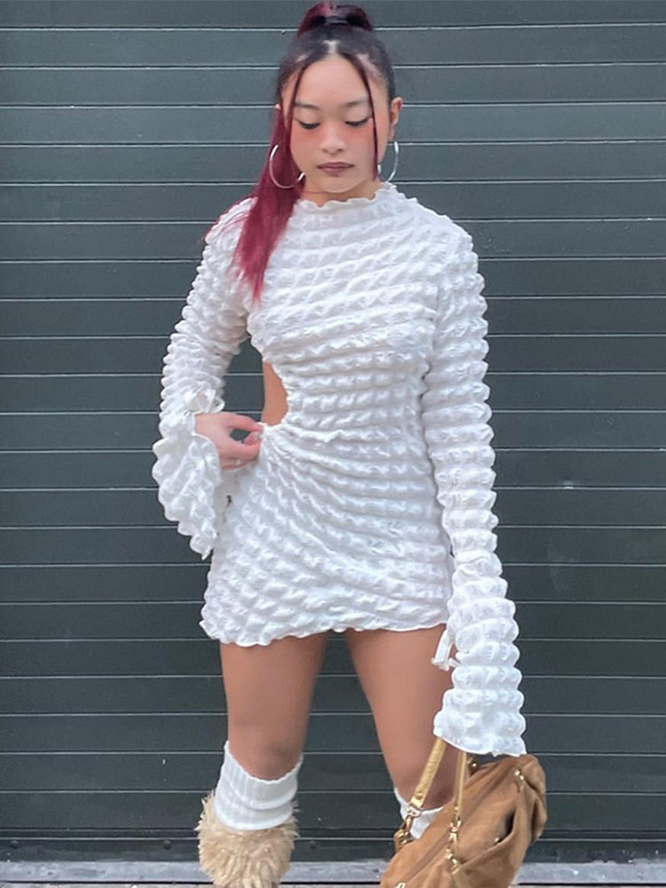 Hoobd Cut Out Long Sleeve Dress Women Y2K Mini Bodycon Bandage White Dress Fall Winter Stunning Stacked Streetwear Turtleneck Dress