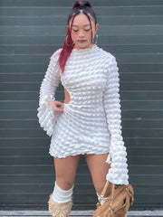 Hoobd Cut Out Long Sleeve Dress Women Y2K Mini Bodycon Bandage White Dress Fall Winter Stunning Stacked Streetwear Turtleneck Dress