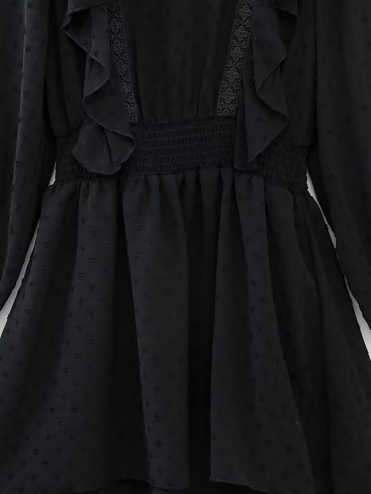 New Spring Women Ruffled Dotted Black  Dress Long Sleeve Elastic Waist Female Vintage Dresses Short Vestidos