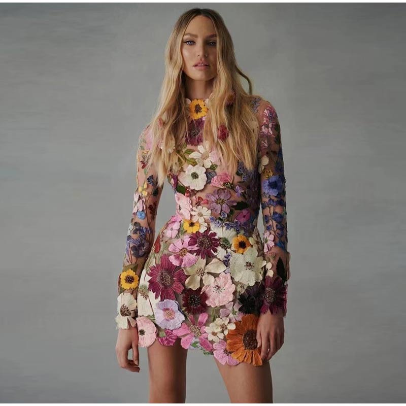 Fashion Flower Embroidery Mini Dress Women Elegant Long Sleeve Applique Vestidos Spring Chic Female High-quality Party Dresses