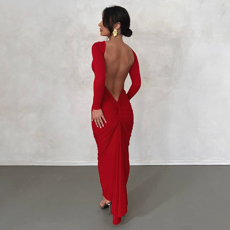 Hoobd Backless Maxi Dress Elegant Red Long Sleeve Sexy Ruched Bodyocn Evening Party Dress for Women 2023 Spring Slim Christmas Outfits