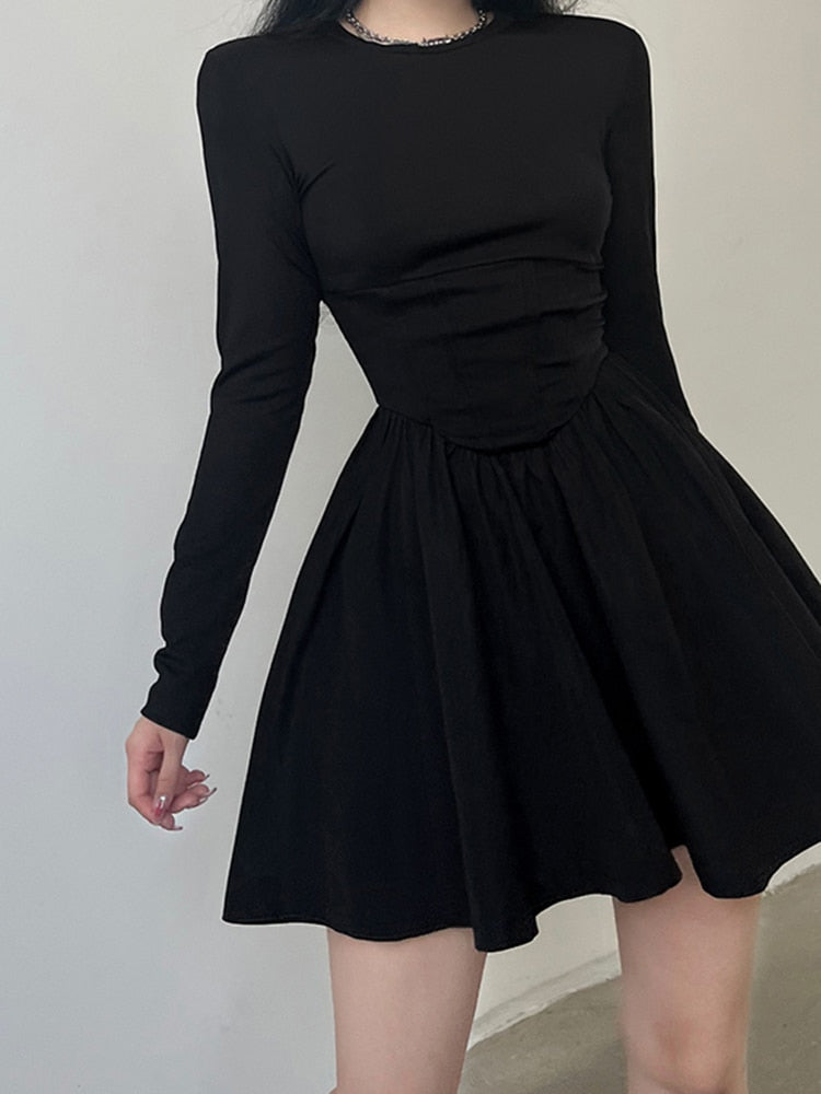 Korean Clothes Long Sleeve Corset Black Dress Female Solid Basic O Neck Fashion Autumn Dress Pleated Slim Elegant New