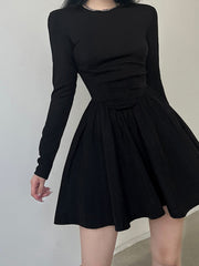 Korean Clothes Long Sleeve Corset Black Dress Female Solid Basic O Neck Fashion Autumn Dress Pleated Slim Elegant New