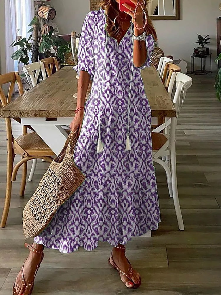 Hoobd Summer Fashion Floral Print Holiday Long Dress Casual Loose Drawstring Half Sleeve Dress Women V Neck Chic Ruffled Boho Dresses