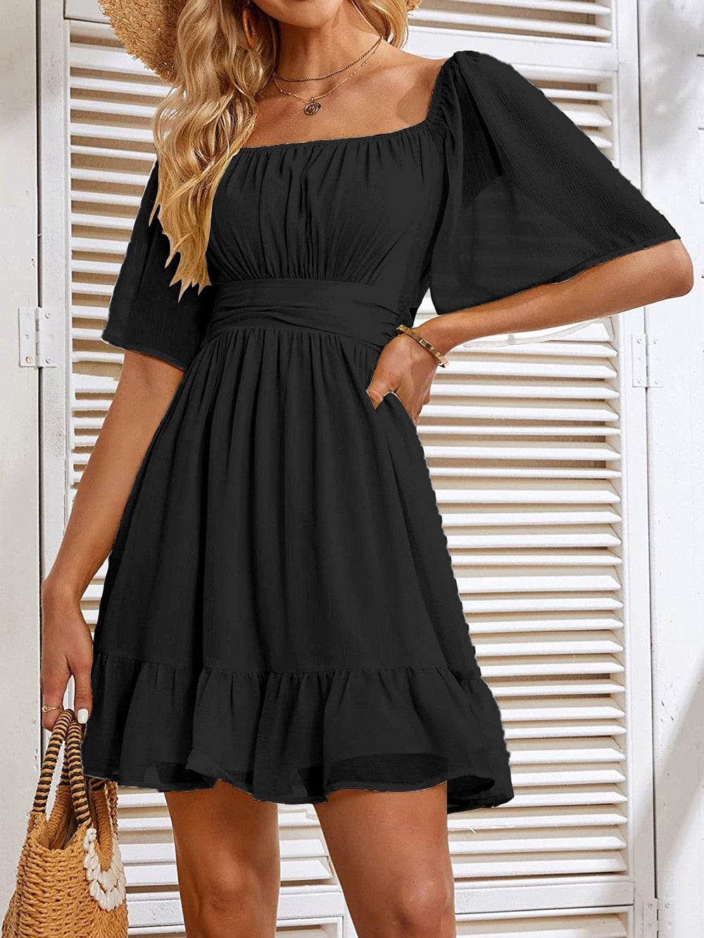 Hoobd White Summer Dress Backless Lace Up Ruffles Ruched Solid Tie Back Flounce Hem Dress·puff Sleeve Elegant Dress