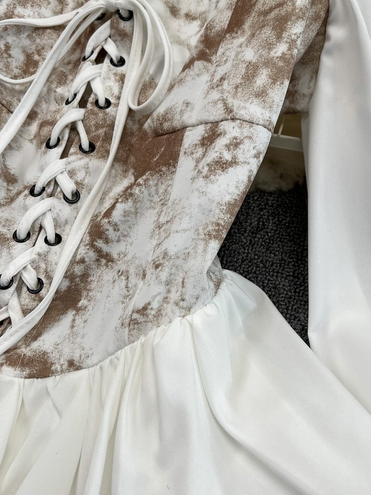 Hoobd Early Autumn Dress Retro Gothic Women White Black Bandage Mini Dress Sexy Off Shoulder Puff Sleeve Korean Vestidos