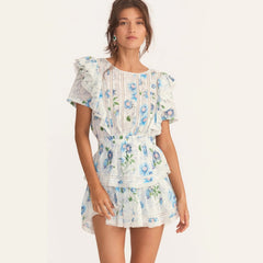 Hoobd New Arrival Summer Short Sleeve Natasha Mini Dress Women Ruffled A-line Dress Blue Print