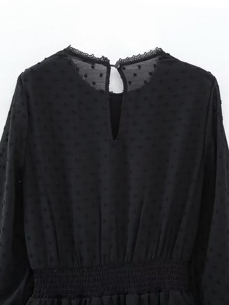 New Spring Women Ruffled Dotted Black  Dress Long Sleeve Elastic Waist Female Vintage Dresses Short Vestidos