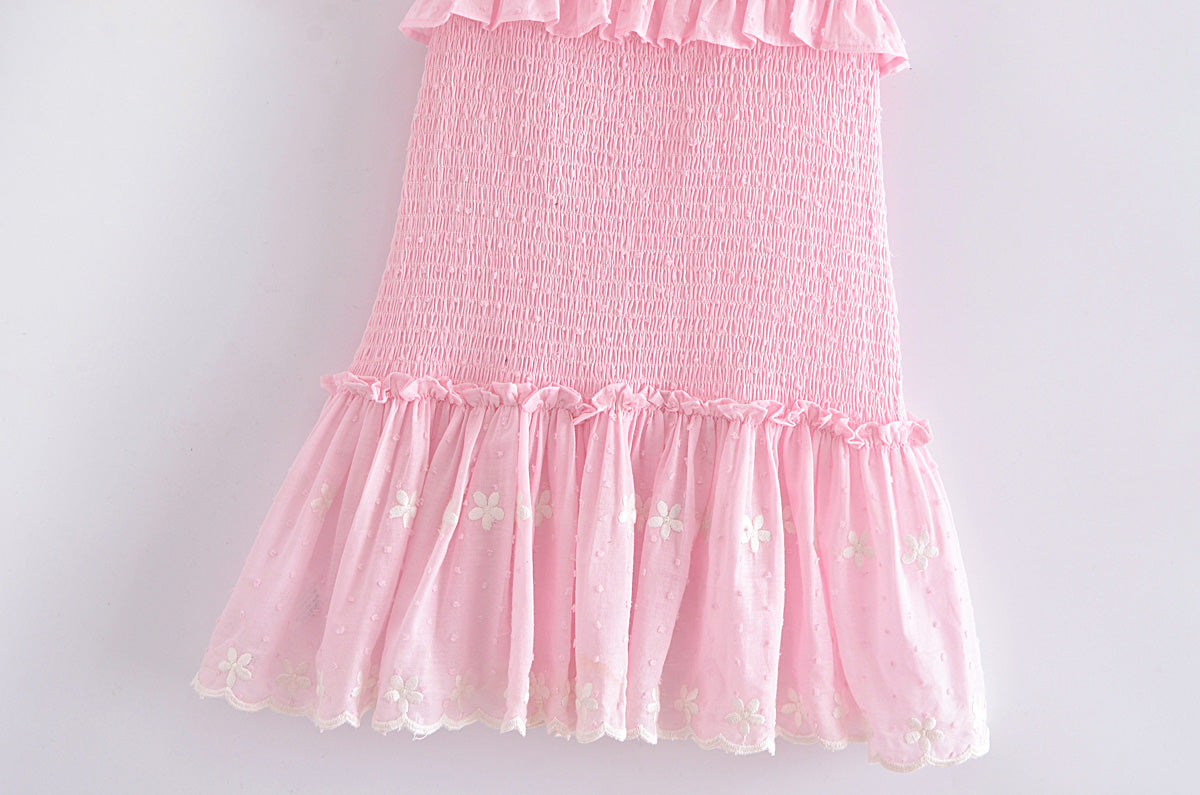 Hoobd High Quality 2023 Summer Pink Short Sleeve Women Ruffled Mini Dress