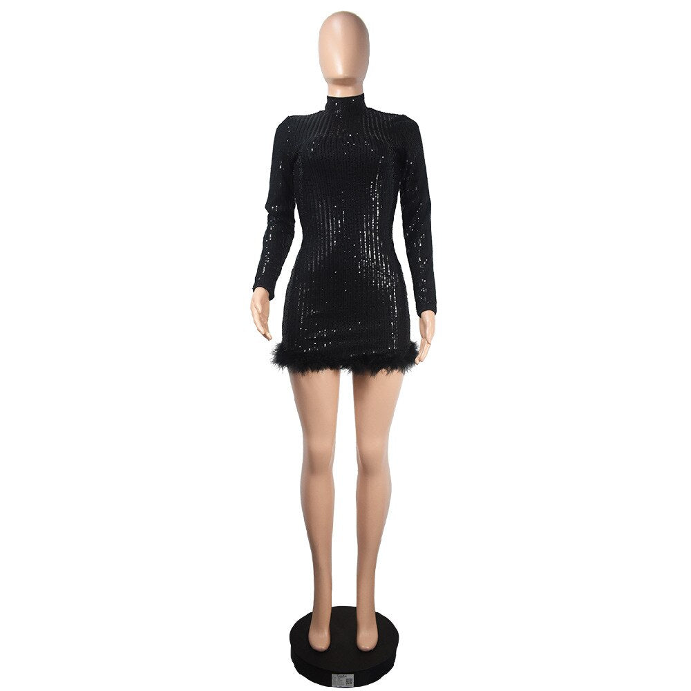 Fashion Sexy Bodycon Birthday Party Dress for Women 2023 Spring Long Sleeve Feather Sequins Short Evening Dresses Black Red
