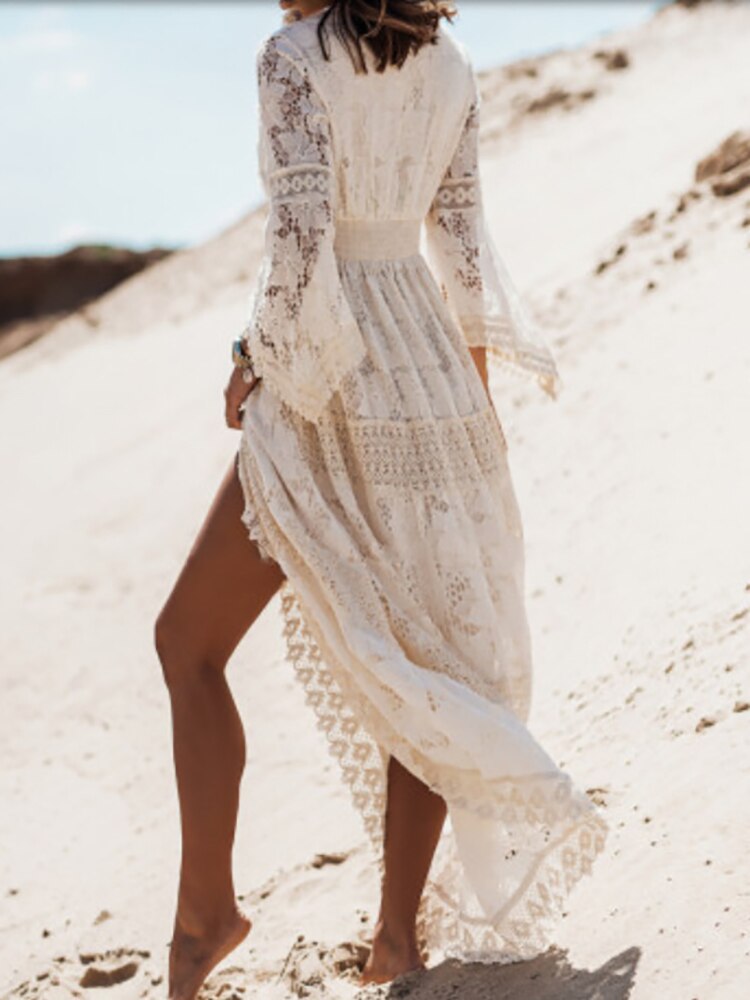 Hoobd Elegant V Neck Lady Loose Maxi Party Dress Women Flare Sleeve Solid Lace Dress Summer Hollow Out Casual Long Dress Vestidos