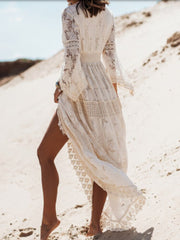 Hoobd Elegant V Neck Lady Loose Maxi Party Dress Women Flare Sleeve Solid Lace Dress Summer Hollow Out Casual Long Dress Vestidos