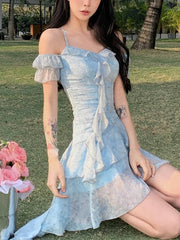 Chiffon Beach Style Y2k Mini Dress Office Lady Casual Sleeveless Elegant Floral Dress Woman 2023 Summer One Piece Dress Korean