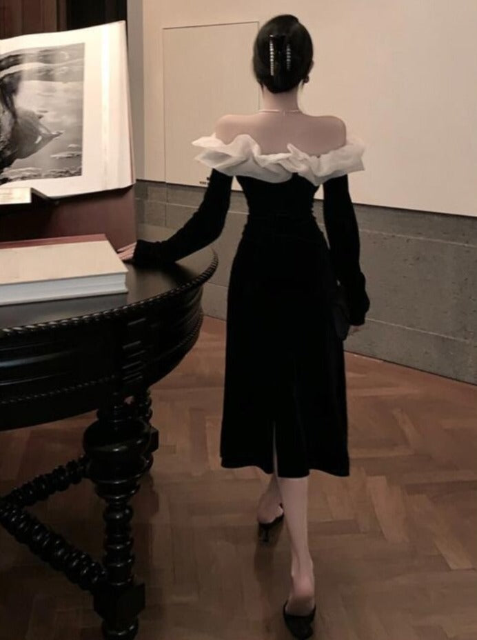 Korean Fashion Velvet Midi Dress Woman Long Sleeve Sexy Dress Elegant Pure Color French Vintage Dress Off Shoudler Design