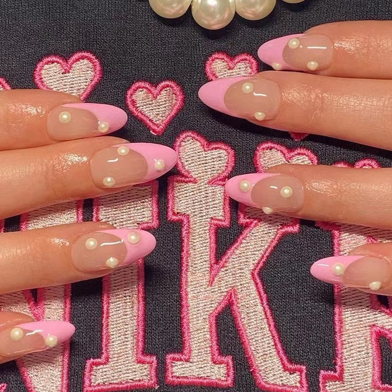 24Pcs Pink Round Head Almond Fake Nails with Heart Shape Rhinestone Wearable Ballerina False Nail Tips Full Cover Press on Nail