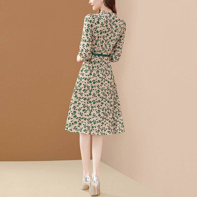 Chiffon Dress Women Puff Sleeve Elegant Big Swing Spring Dresses Slim With Belt  A-line Dresses For Women Party Vestidos