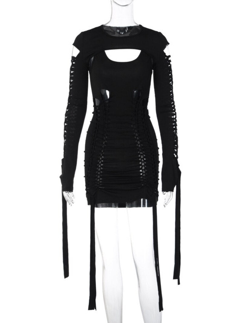 Women's Sexy Hollow Out Long Sleeve Bandage Package Hip Short Dress Night Club Streetwear Cut Out Backless 2 Pieces Dress Sets
