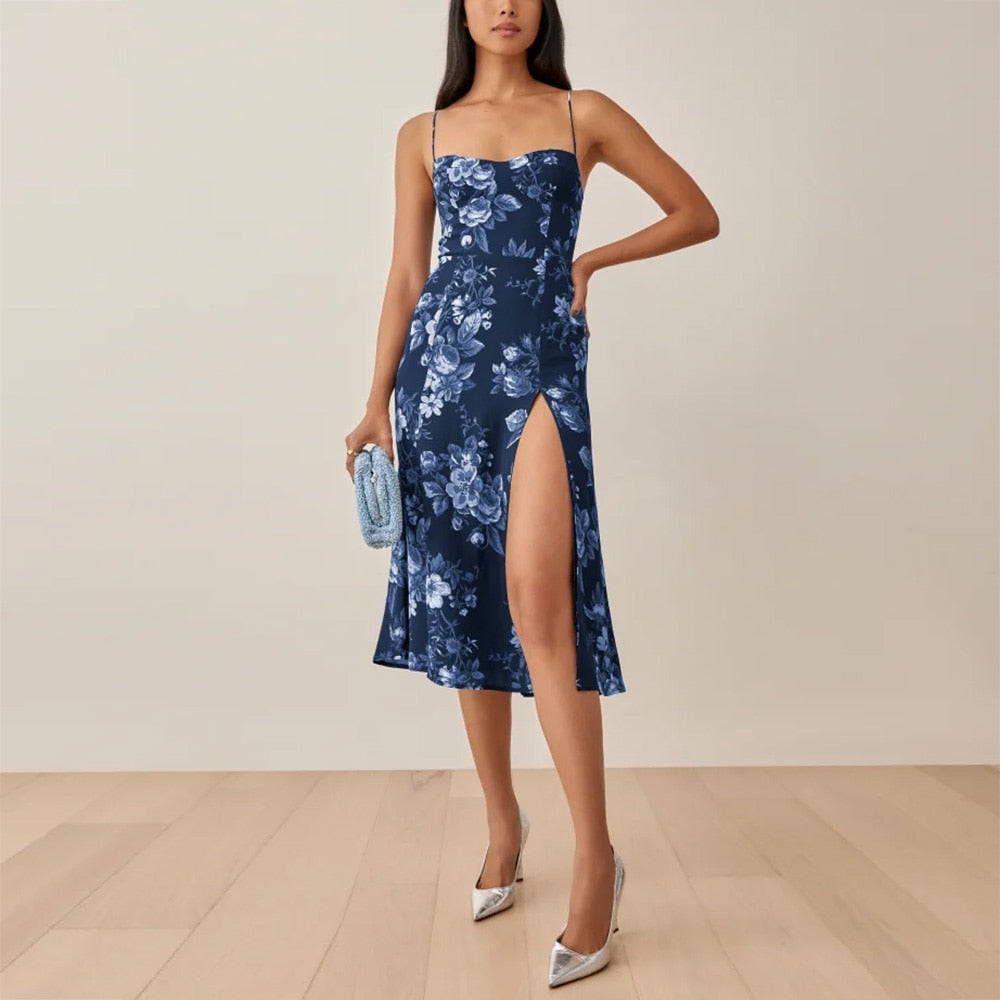 Hoobd Summer Dresses For Women Elegant Vintage Floral Print Dress Sweetheart Neck Spaghetti Strap Midi Dress With Slit Sundress