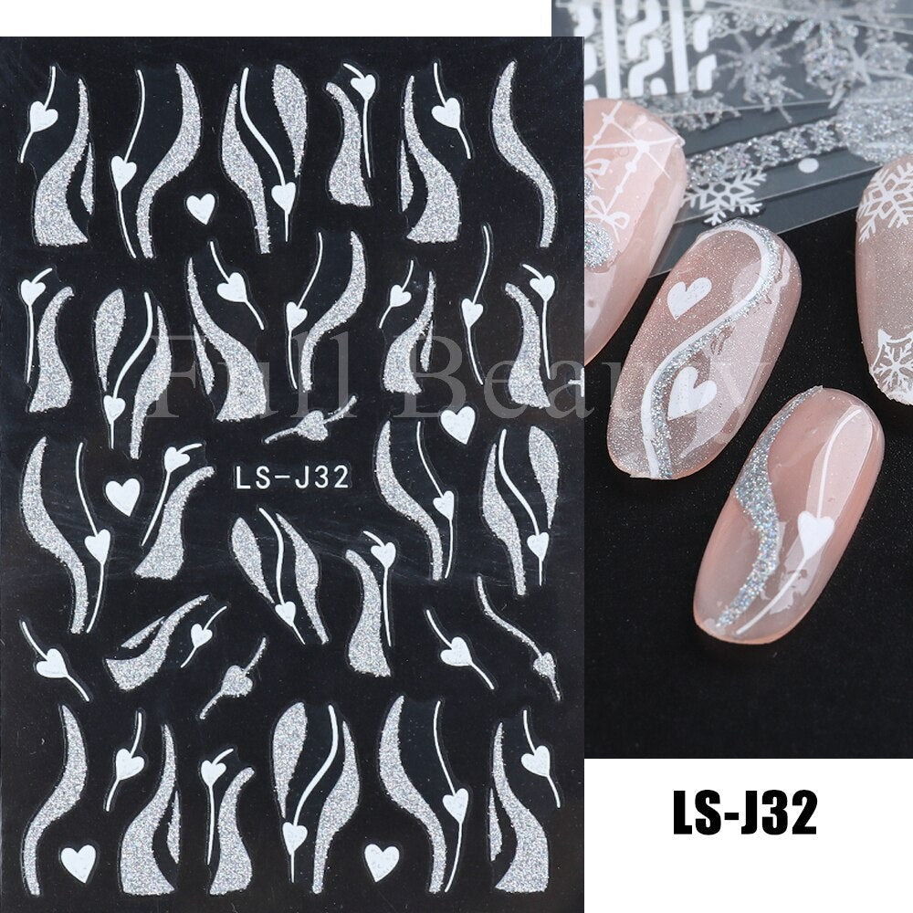 Christmas Nail Sticker 3D Reflective Shiny Glitter Gold Silver Snowflake Elk Bells Decal Slider For Manicure Decoration NLLS-J24