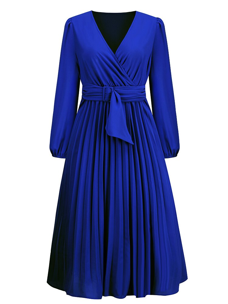 Dress for Women Solid Color V Neck Long Sleeve Slim-fitting Pleated Dress Spring Summer Temperament Elegant Evening Party Skirts