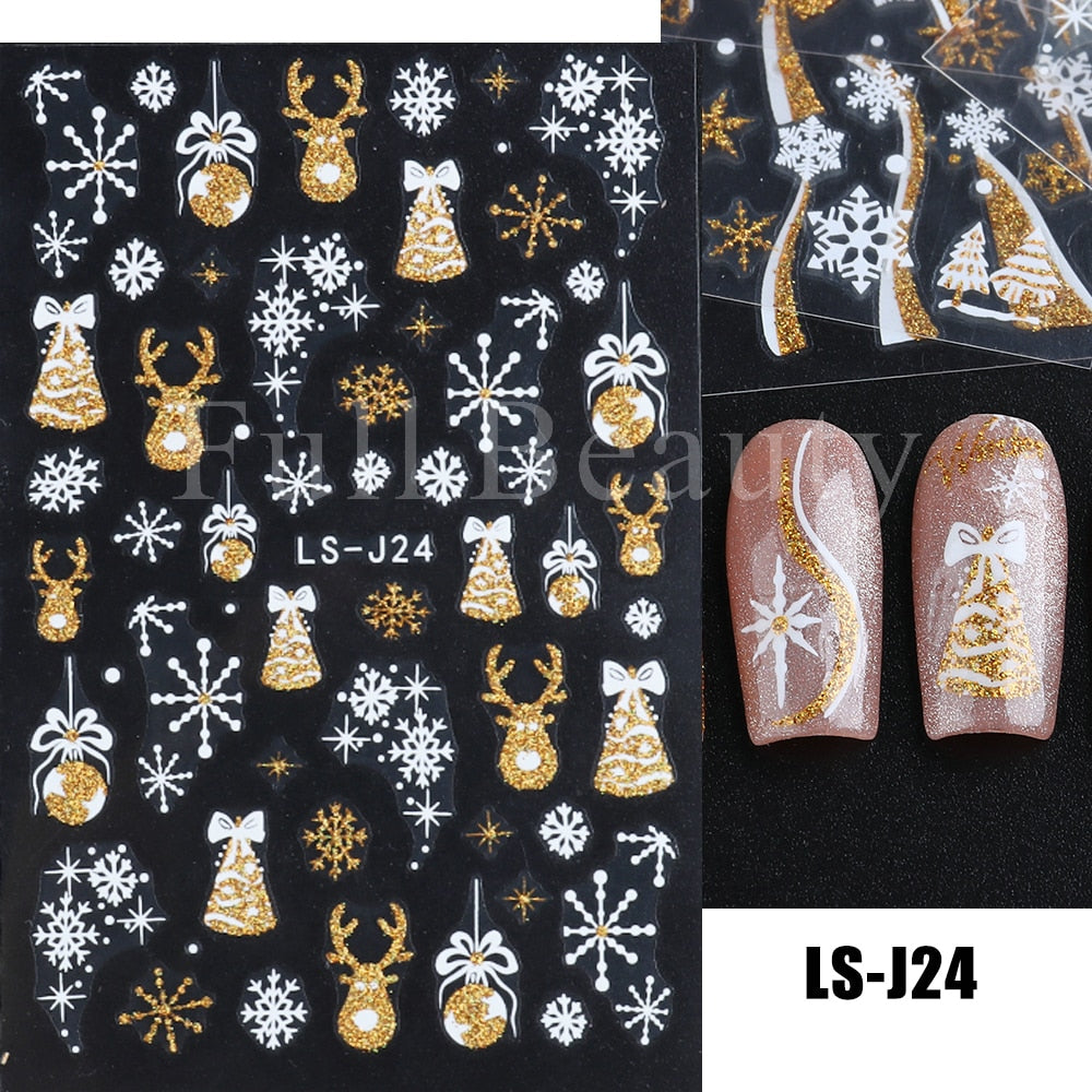 Christmas Nail Sticker 3D Reflective Shiny Glitter Gold Silver Snowflake Elk Bells Decal Slider For Manicure Decoration NLLS-J24