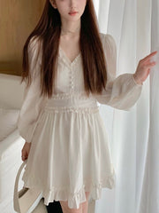French Elegant Mini Dress Women Solid Basic Sweet Vintage Chiffon Dress Office Lady One Piece Dress Korean Solid 2023 Spring