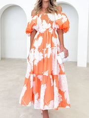 Women Dress Vintage Print Off Shoulder Puff Sleeve Elastic Waist Party Beach Style Sexy Dresses Spring Summer 2024