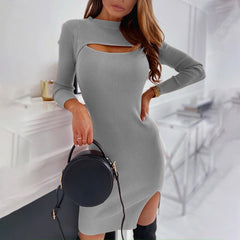 Sexy Hollow Long Sleeve Midi Dress Solid Color Slim Fit Fashion Hollow Out One Step Korean Robe Club Pencil Dress For Women