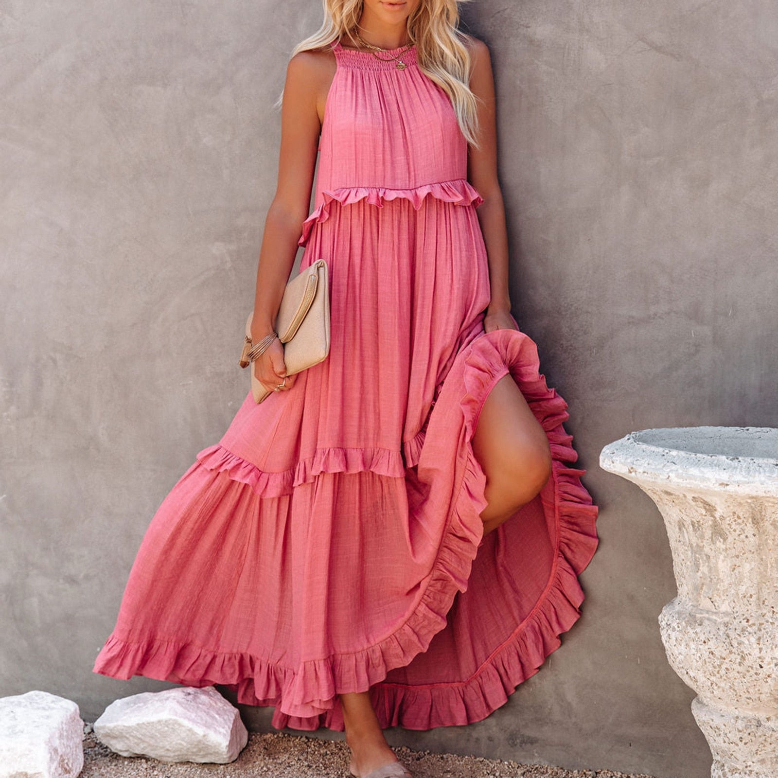 Summer Solid Color Ruffled Maxi Dress