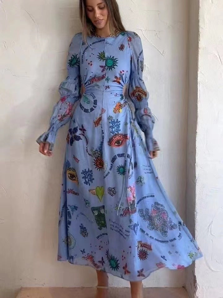 Hoobd2023 Autumn Print Holiday Women Beach Dress With Belts A-line Long Lantern Sleeve Single Breasted Lapel Seaside Dresses Robe