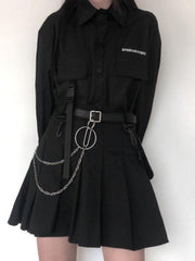Black Gothic Skirt Pleated Chain Punk Two-piece Suit Loose Long Sleeve Shirt Women Streetwear Harajuku Jk Uniform