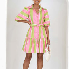 Fashion Striped Print Button Shirt Dress Women Casual Lantern Sleeve Mini Dress Elegant Loose Ladies Belted A-Line Beach Dresses