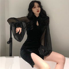 Women&#39;s Cheongsam Qipao Dress  Velvet Side Split Lantern Sleeve Slim Fit Long Sleeves Dress Mandarin Collar  Mini Dress