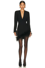 New Long Sleeve Bandage Set Dress Women's High Quality Club Party Casual  Sexy Feather V collar