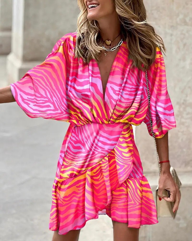 2023 Summer Irregular Mini Dress For Women Fashion Print Casual Bohemia Vacation Sundress Women's Bat Sleeve Ruffles Dresses