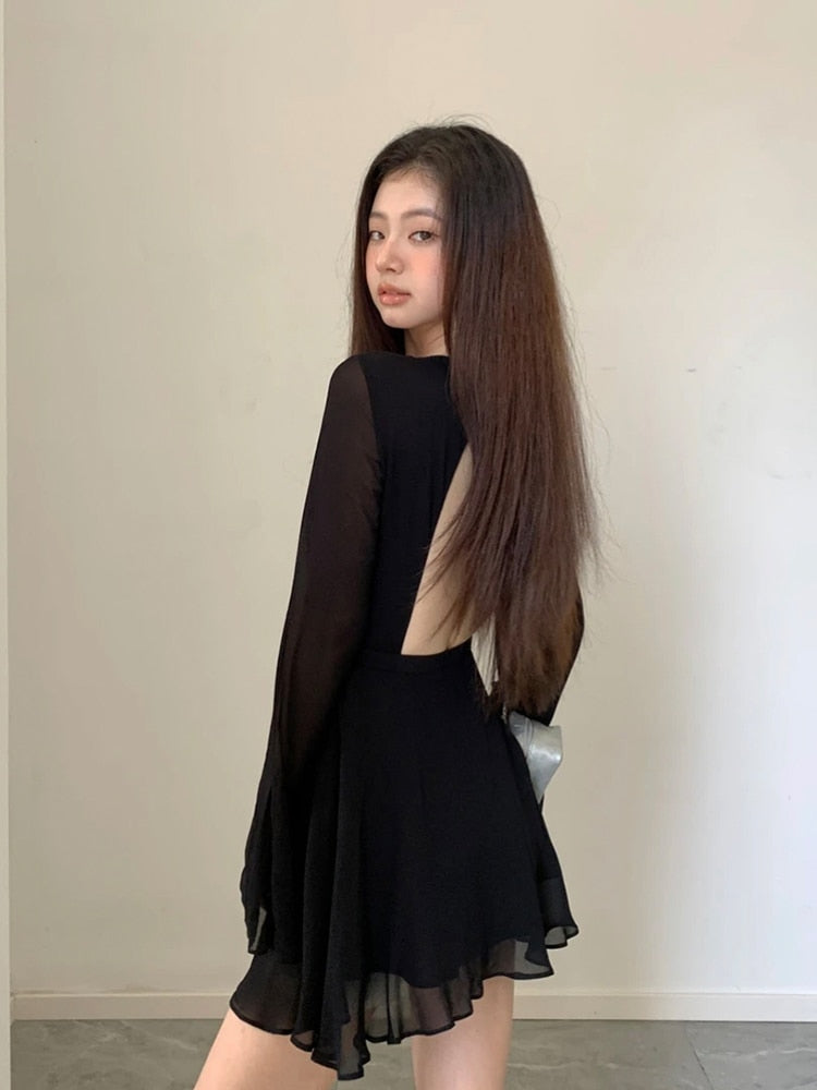 Elegant Fashion Sexy Slim Women's Chiffon Cutout Dress Summer Backless Design Round Neck Black Prom Gown Y2K Gothic Streetwear