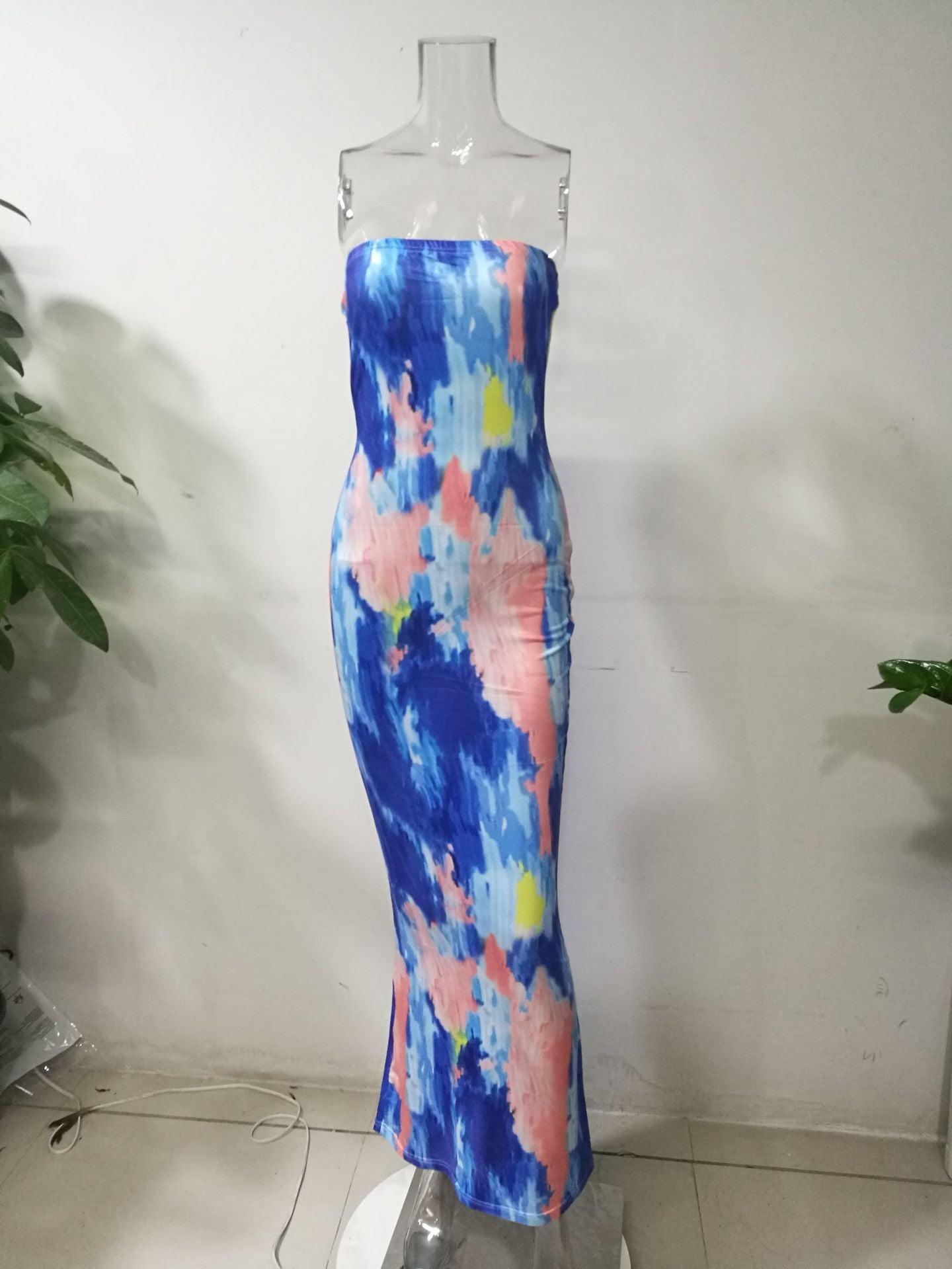 Hoobd Sexy Bandage Dress Waist Illusion Dress 2023 Women V-neck Maxi Dresses Ladies Tie-dye Wave Print Party Dresses Tight Dresses