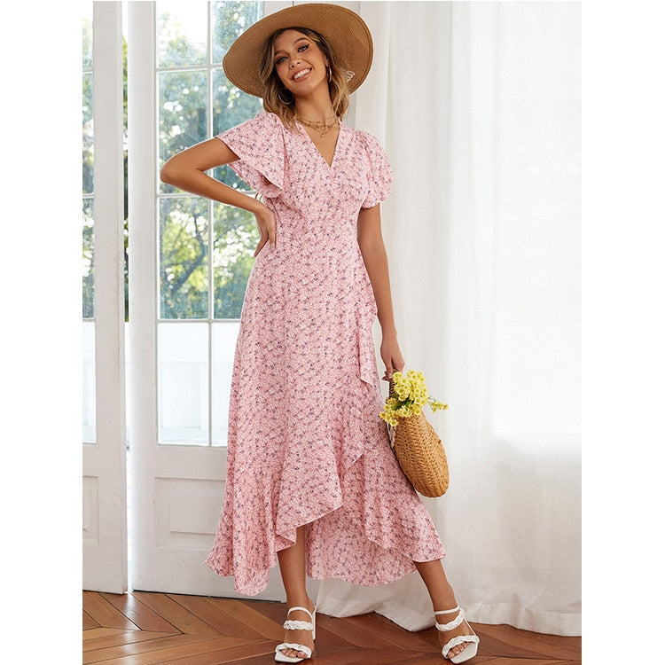 2023 New Boho Wrap Dress V-neck Flying Sleeve Maxi Dress Mujer Printing Sweet Long Dresses Chic Vestidos Ruffled Bandage Dress