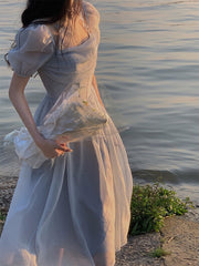 French Elegant Midi Dress Women Short Sleeve Beach Style Fairy Dress Even Party Office Lady Korean Clothing Summer Corset