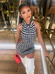 Hoobd Halter Sexy Dress Stripe Printed Bodycon Dress Summer Sleevless Mini Dress Club Female Outfit Streetwear Backless Dress