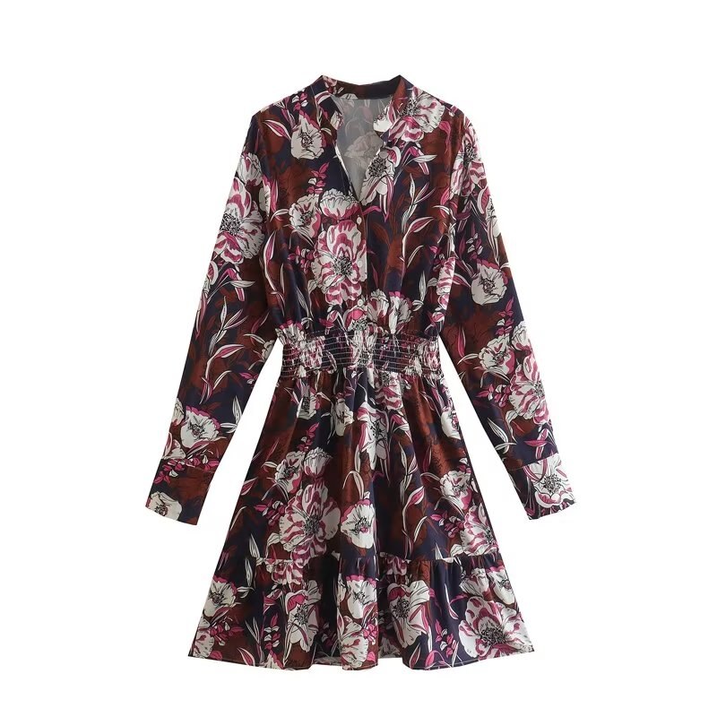 2023 Spring New Women Flowers Print Dress Elastic Waist Office Ladies Short Dress