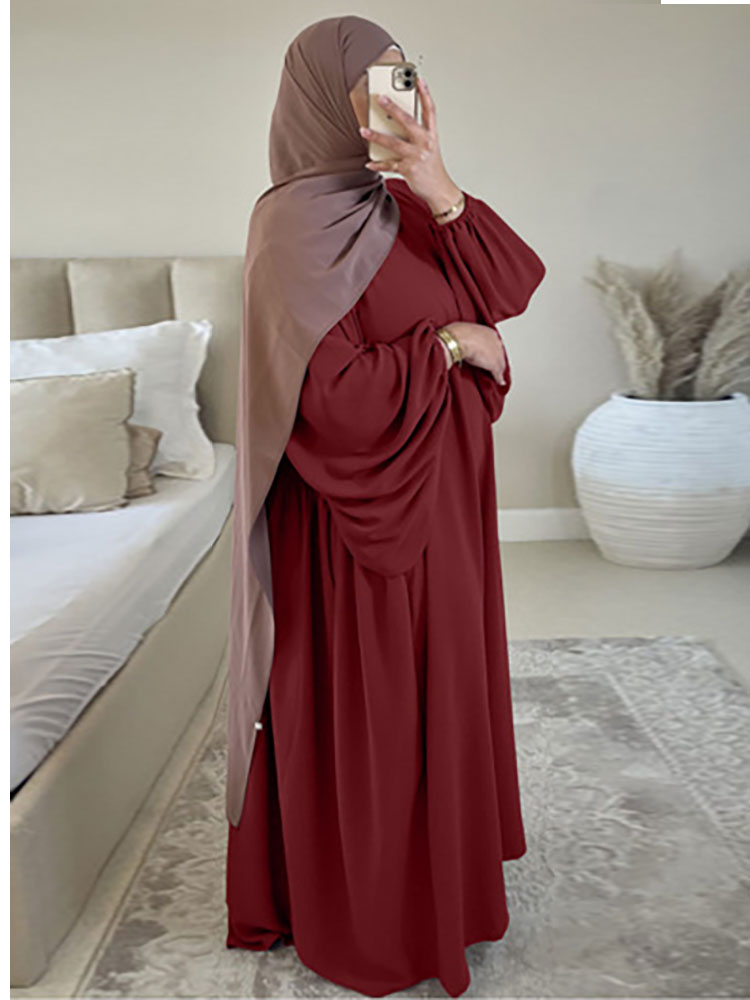 Hoobd Plain Abaya Muslim Long Dress for Women Ramadan Eid Balloon Sleeve Islamic Jilbab African Dresses Dubai Turkish Modesty  Kaftan