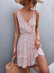 Hoobd Summer Boho Floral Dress Women V Neck Ruffle Short Dress Party Print Flower Spaghetti Strap Dresses For Women 2023