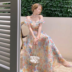 2023 Summer French Vintage Floral  Beach Dress Puff Sleeve Sexy Backless Slip Dresses Elegant Temperament Korea Long Dress