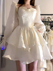 2023 Spring Pure Color French Fairy Mini Dress Y2k Party Slim One Piece Dress Korean Design Lace Sweet Sexy Women Dress Lolita